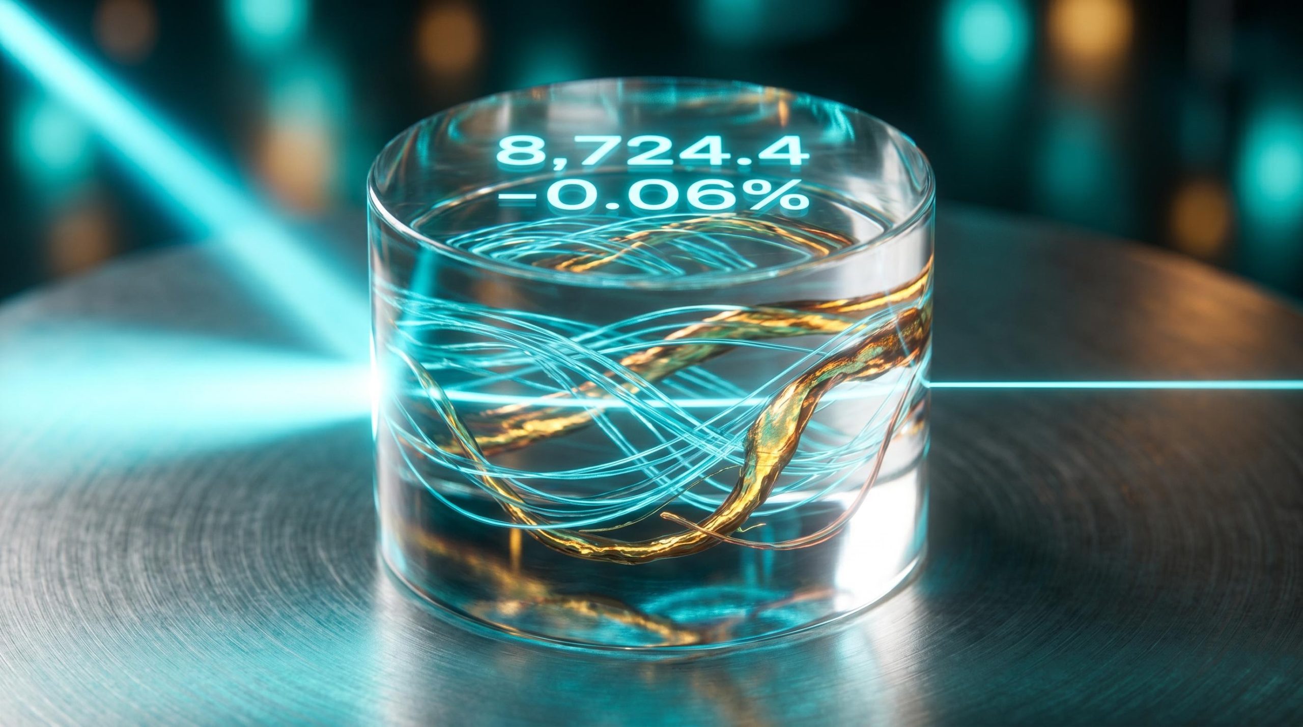 Glass core sample showing tech and gold veins beneath a flat 8,724.4 readout, illustrating ASX sector rotation dynamics.