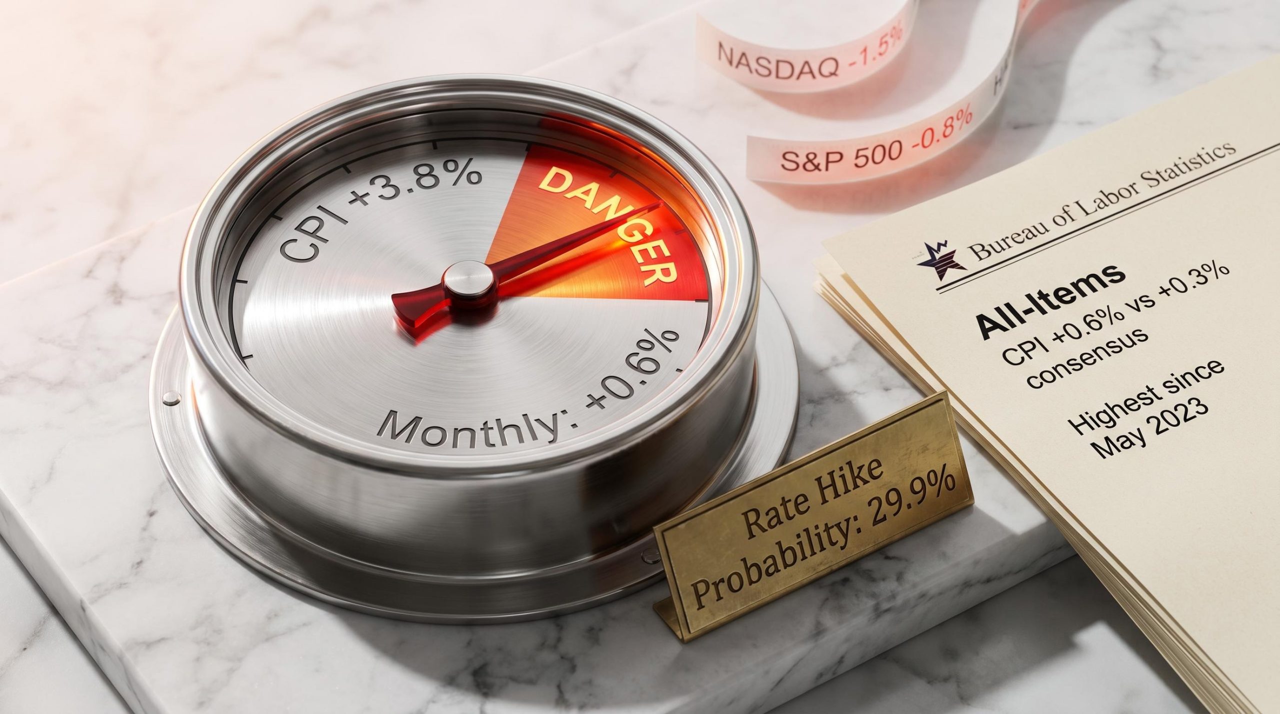 BLS pressure gauge reading CPI 3.8% and monthly 0.6% with rate hike probability 29.9% — US inflation data shock