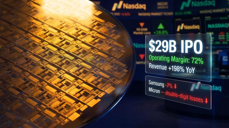 SK Hynix $29B IPO data panels over semiconductor wafer as Samsung and Micron post double-digit losses