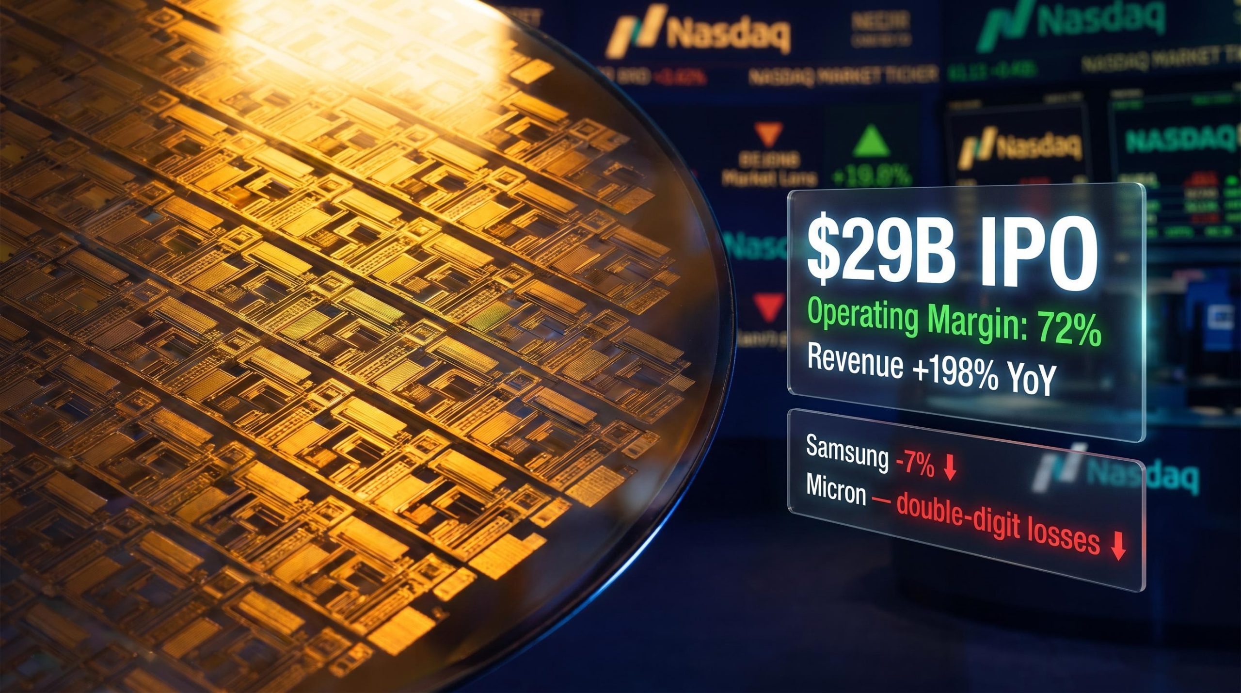 SK Hynix $29B IPO data panels over semiconductor wafer as Samsung and Micron post double-digit losses