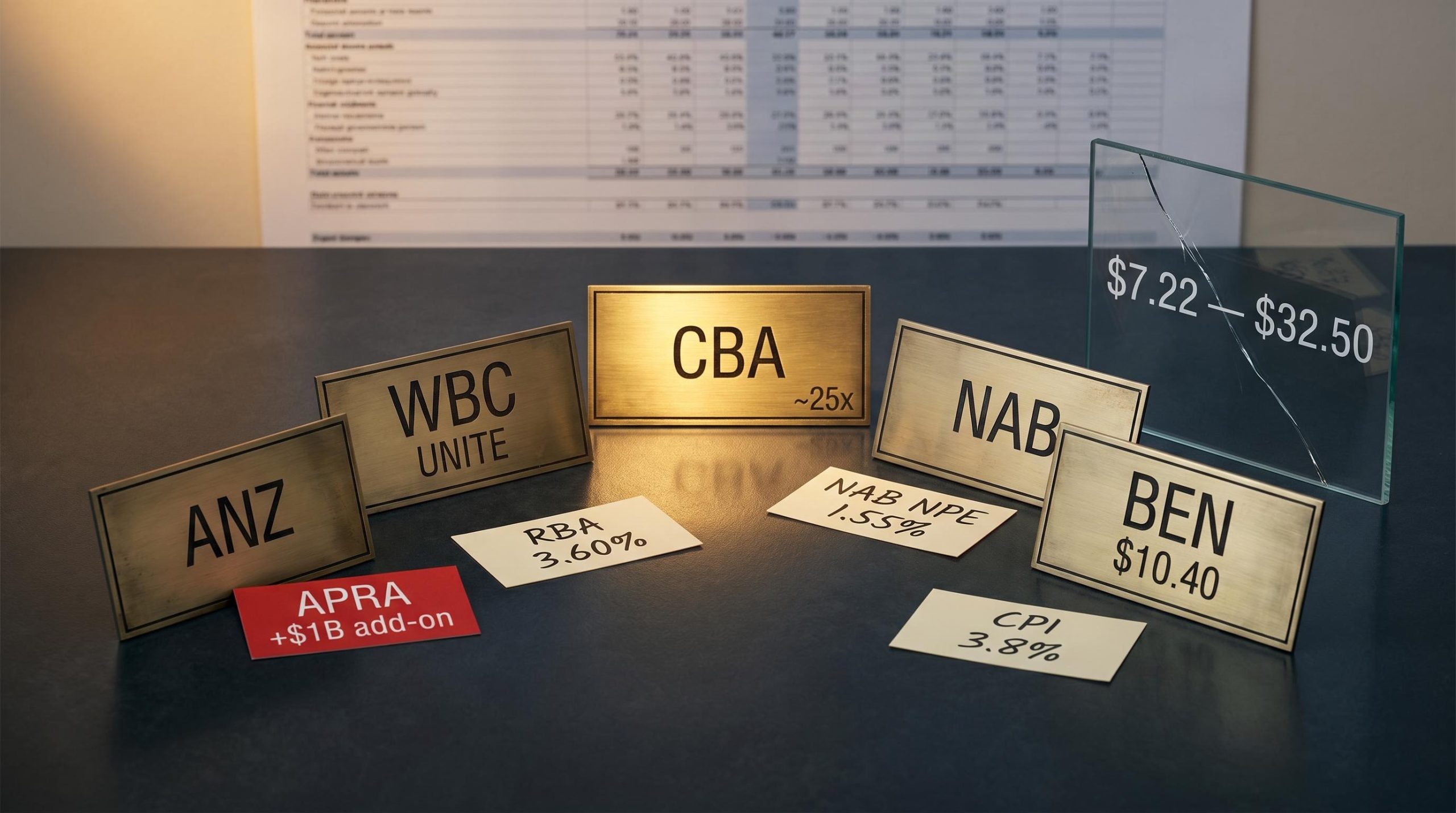ASX bank share valuation plaques for CBA, ANZ, NAB, Westpac, BEN with DDM range $7.22–$32.50 and RBA 3.60%