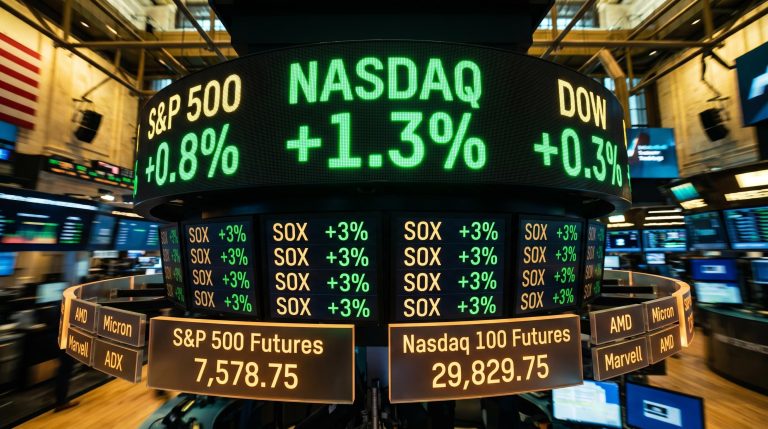 Nasdaq Composite 1.3% and SOX back-to-back 3% gains displayed on trading floor screens amid AI stock rally