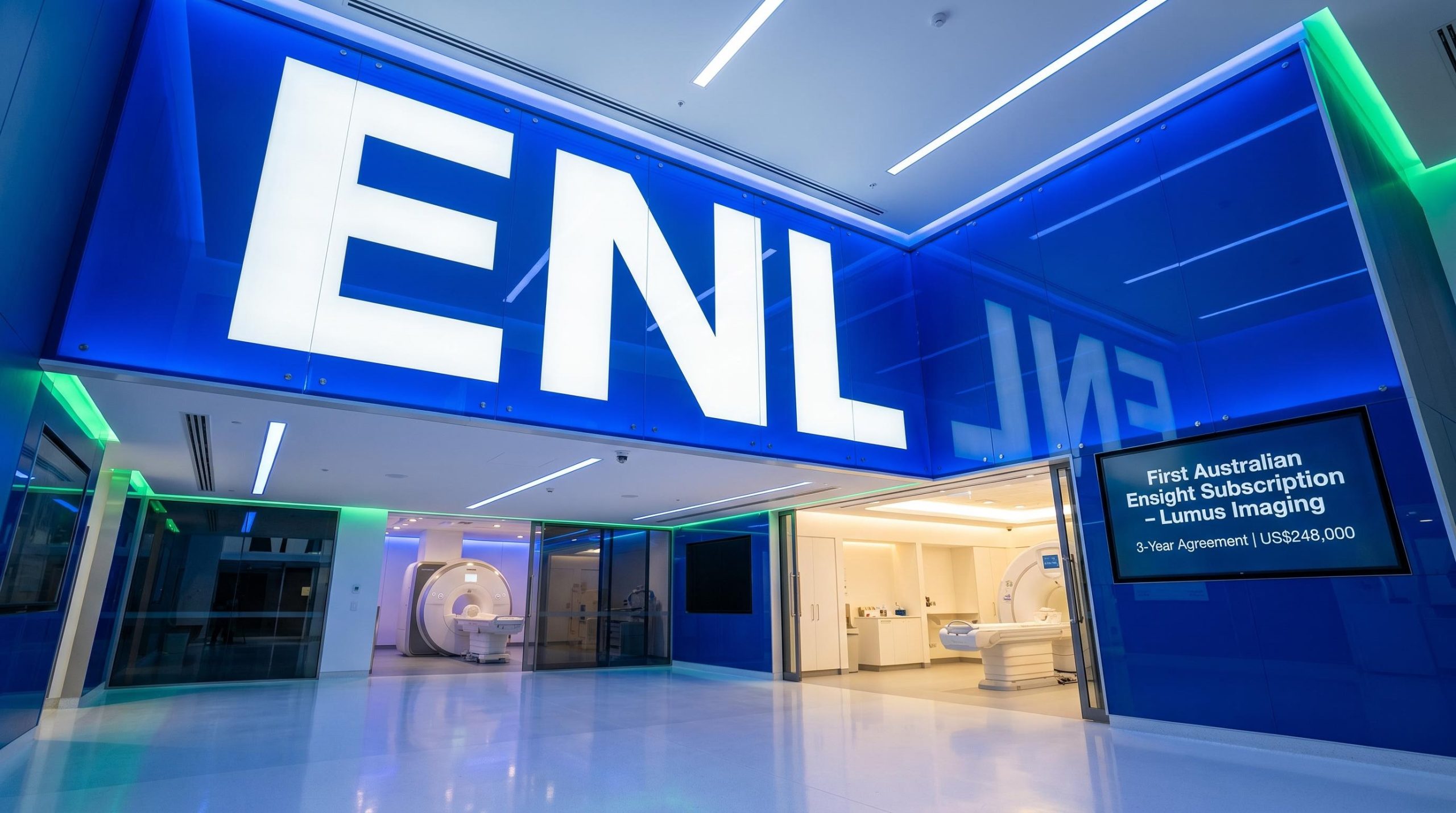 MRI machines in blue-lit hallway