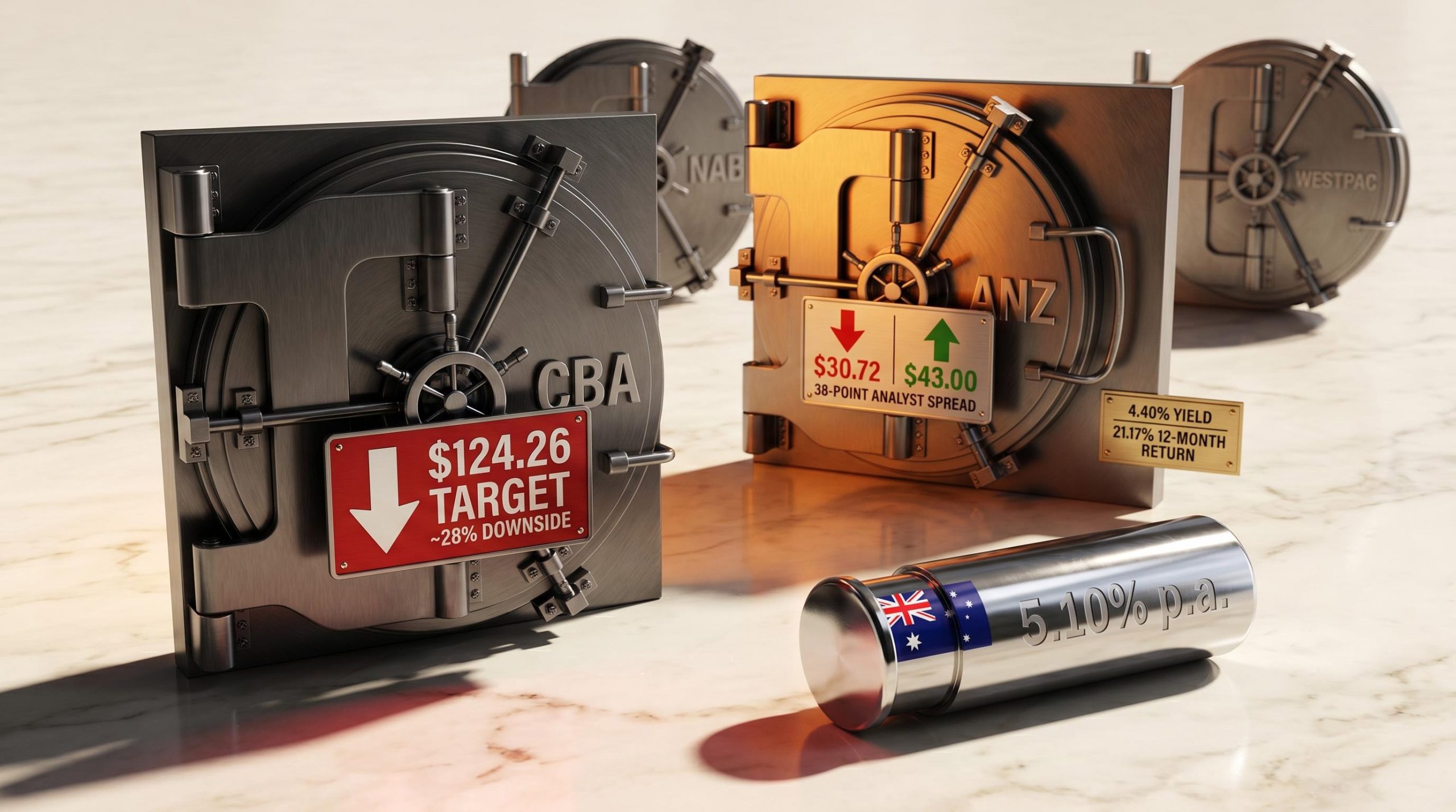 Four ASX bank vault doors with Morgans sell targets showing CBA's ~28% downside against ANZ's split bull-bear case