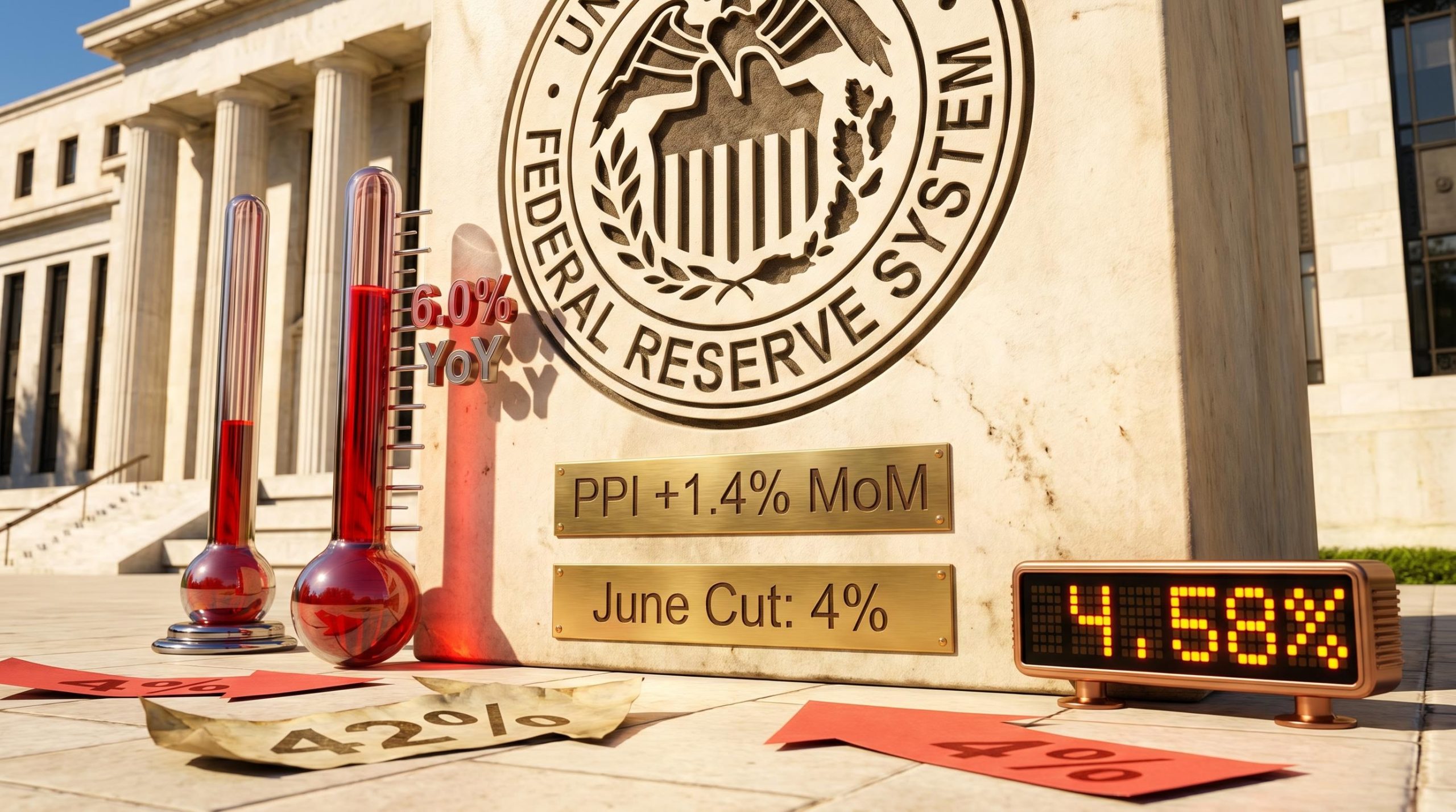 Federal Reserve seal with "PPI 1.4% MoM" and June cut probability collapsing from 42% to 4%