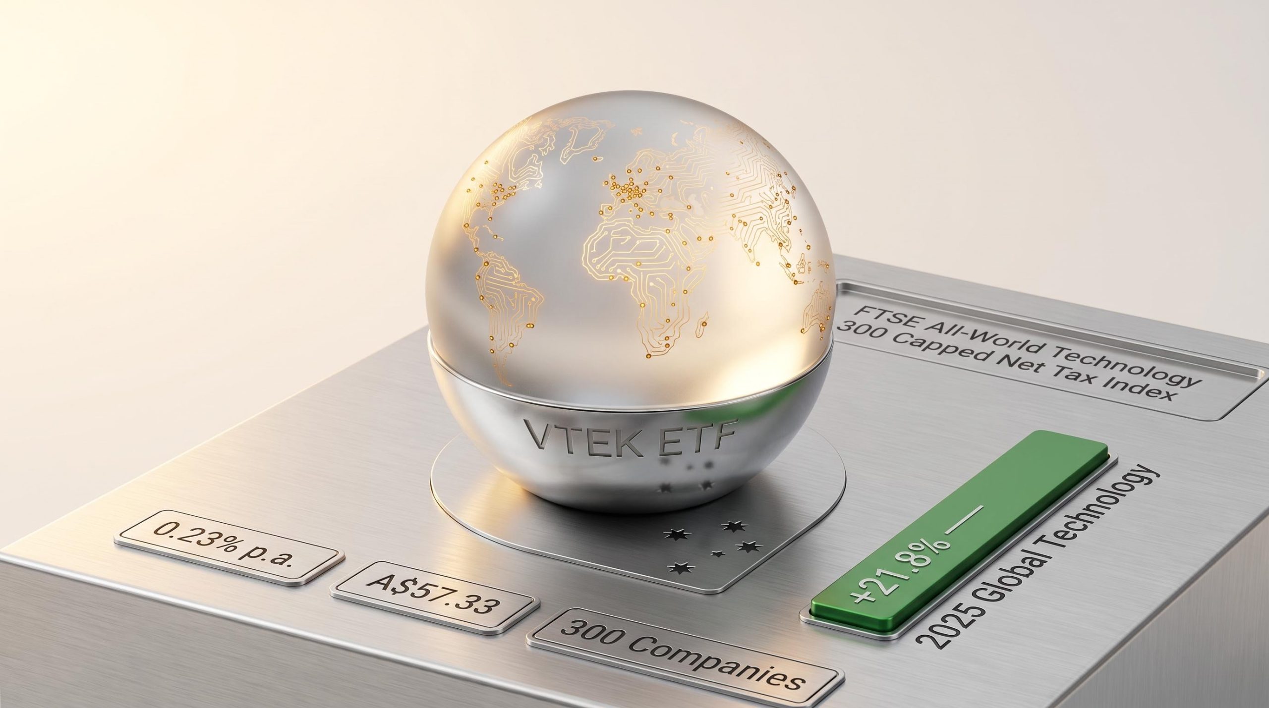 Vanguard VTEK ETF globe with 300 global tech holdings, A$57.33 price and 0.23% MER engraved on aluminium surface