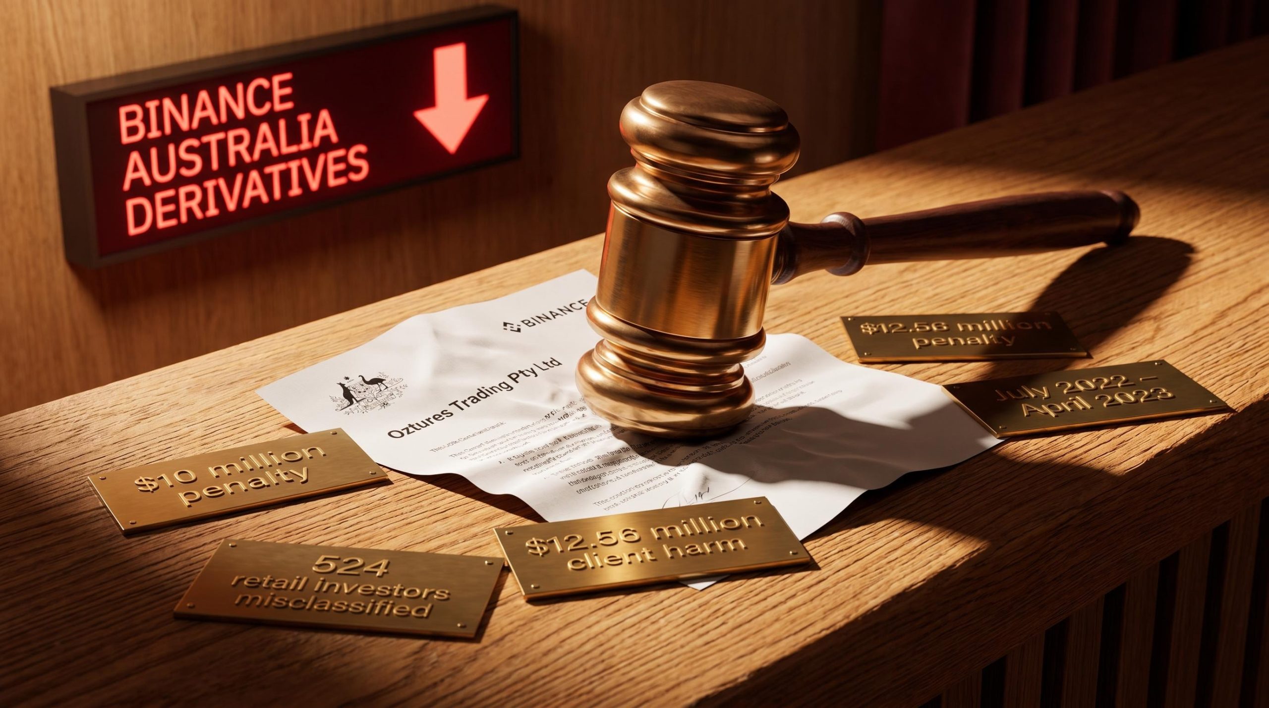 Federal Court gavel strikes Binance Australia Derivatives document showing $10 million penalty for misclassifying 524 retail investors