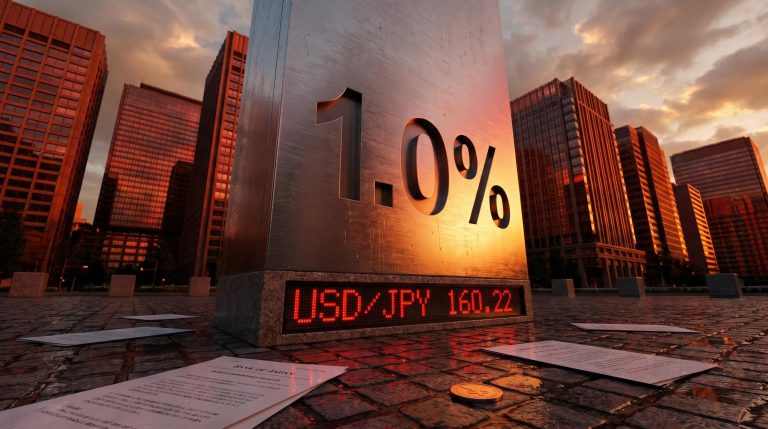 Bank of Japan 1.0% rate milestone pillar in Tokyo financial district with USD/JPY 160.22 displayed