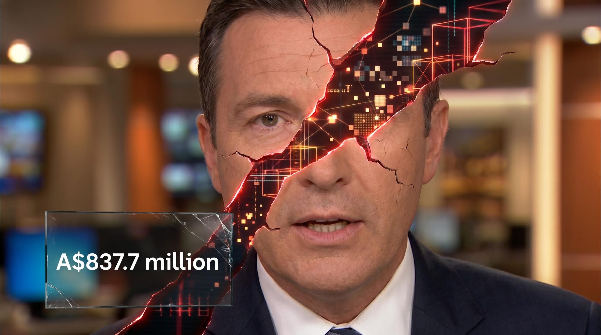 Deepfake face fragmenting to reveal digital scaffolding beneath, with A$837.7 million AI investment scam loss figure displayed
