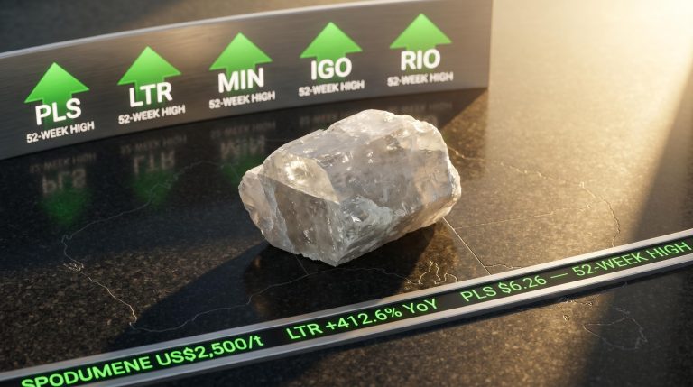 Raw spodumene crystal beside ASX lithium stock tickers showing PLS, LTR, IGO at 52-week highs amid spodumene surge to US$2,500/t