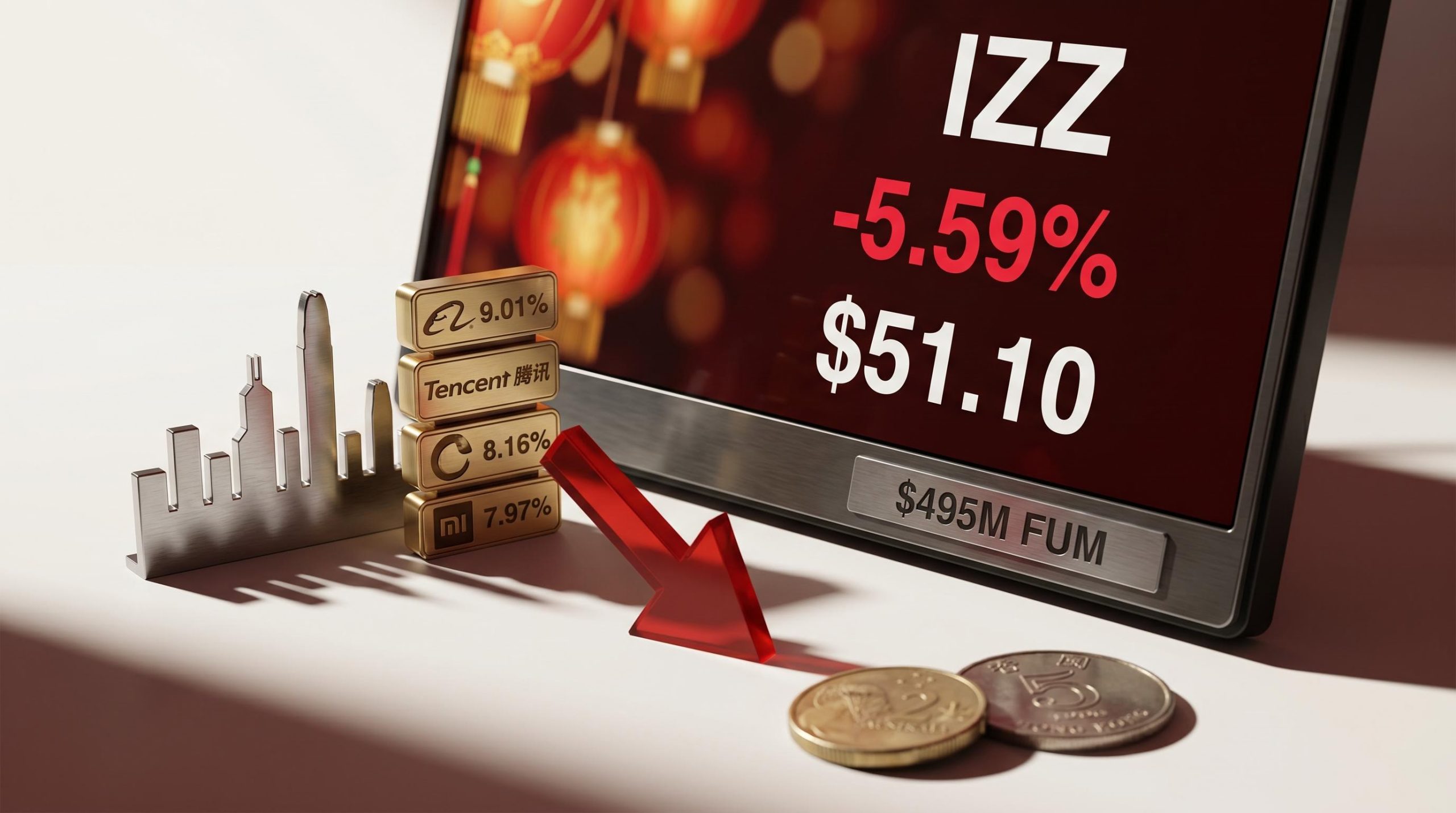 iShares China Large-Cap ETF IZZ showing -5.59% YTD return and $51.10 unit price with Alibaba, Tencent, Xiaomi holdings