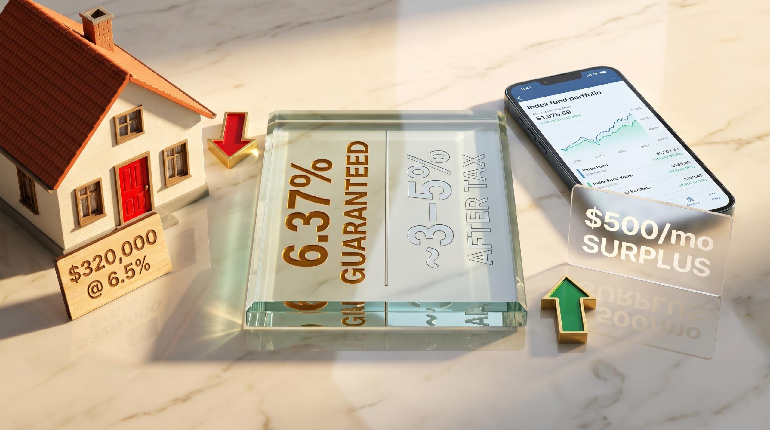 Investing vs paying off mortgage: 6.37% guaranteed return vs 3–5% after-tax spread on marble surface