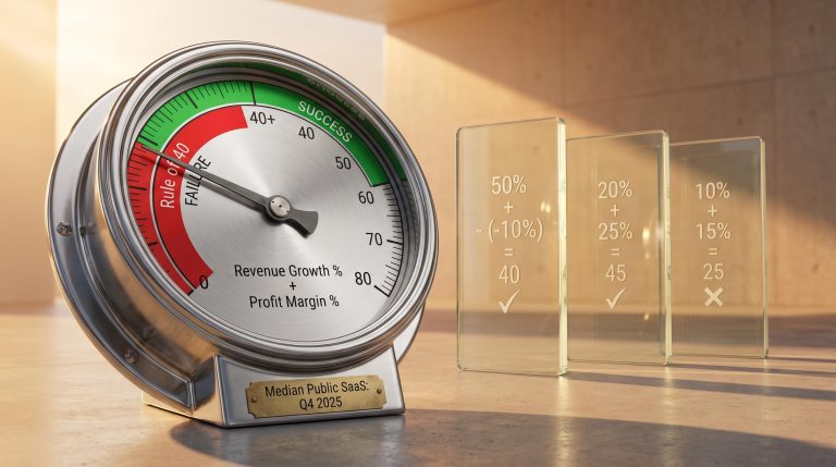 Rule of 40 chrome dial pointing to 28, below the 40-point SaaS health threshold, with scenario score panels behind