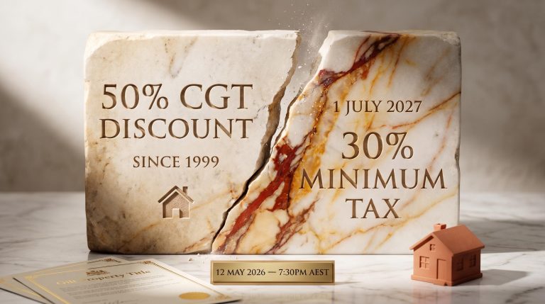 Stone tax tablet cracking at "50% CGT DISCOUNT" with "1 JULY 2027" and "30% MINIMUM TAX" carved into fractured half