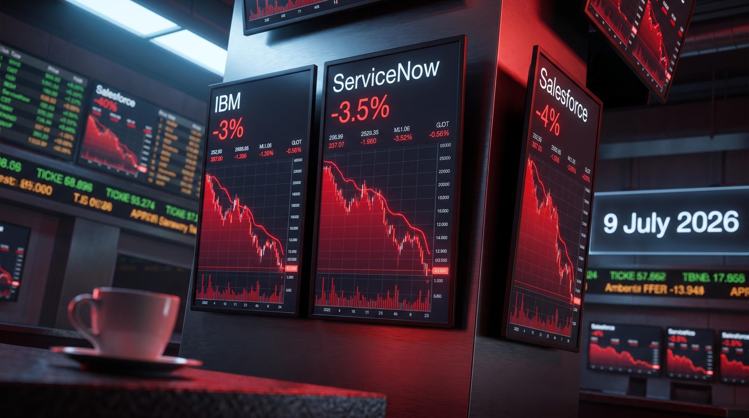 IBM, ServiceNow, Salesforce stock tickers showing –3% to –4% premarket drops on 9 July 2026 AI threat selloff