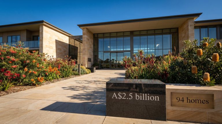 Estia Health facility facade with A$2.5 billion sale price engraved on granite plinth — Australian aged care investment