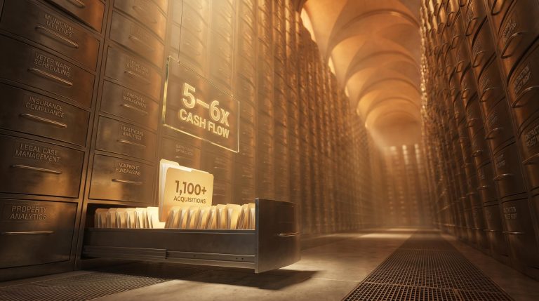 Infinite steel acquisition vault with "1,100 ACQUISITIONS" dossier open, visualising the Constellation Software business model