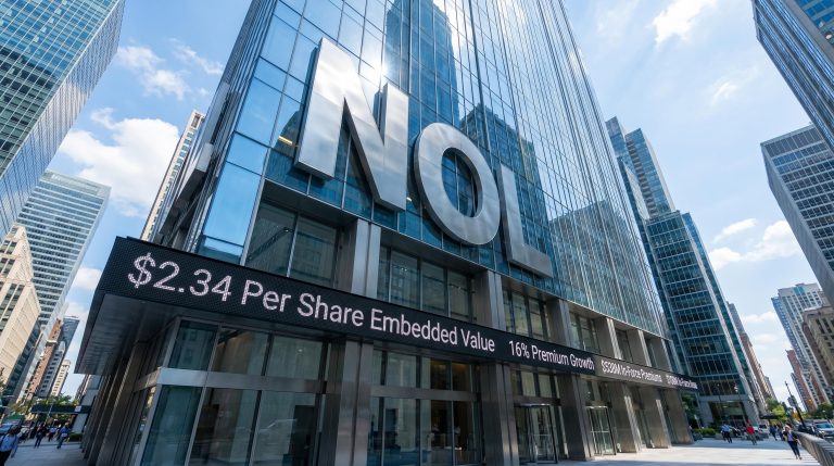 Skyscraper with stock ticker display