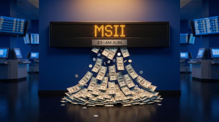 MSII ETF ticker dissolving into cascading cash, illustrating how ETF closure returns capital to investors at NAV