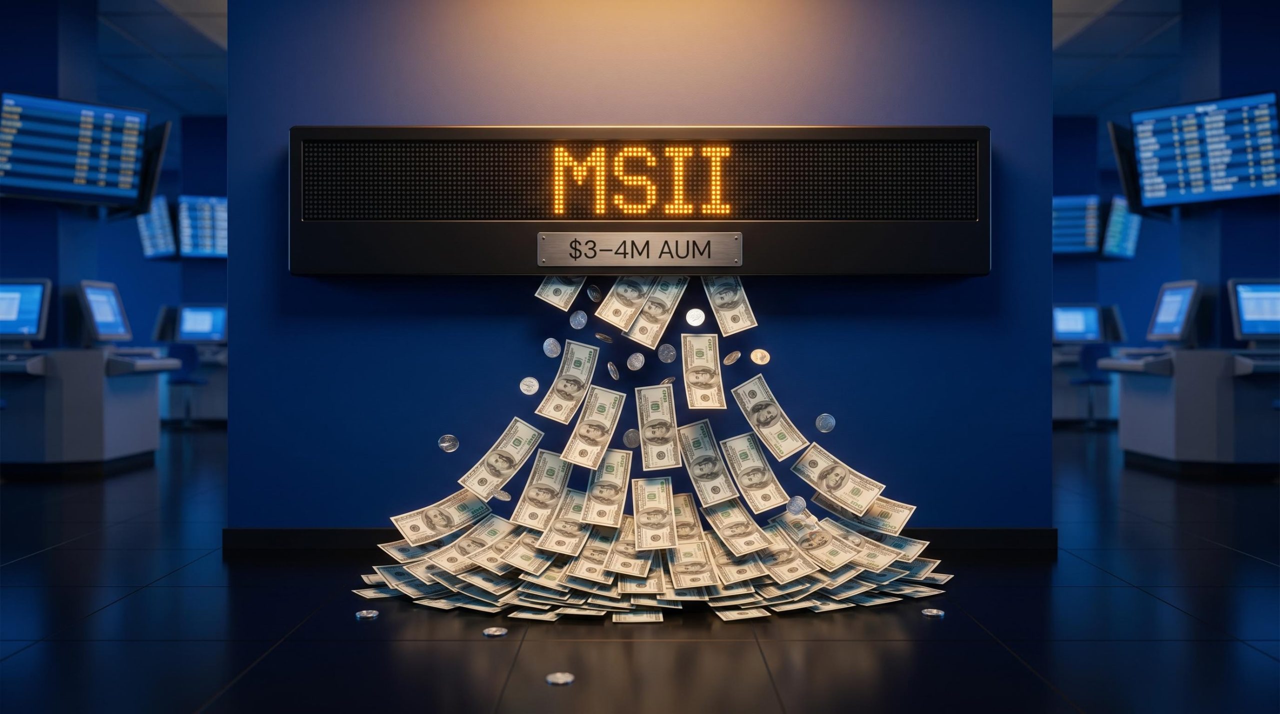MSII ETF ticker dissolving into cascading cash, illustrating how ETF closure returns capital to investors at NAV