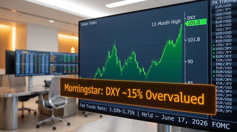 DXY hits 101.8 thirteen-month high on trading screen with Morningstar 15% overvaluation flag — US dollar forecast 2026
