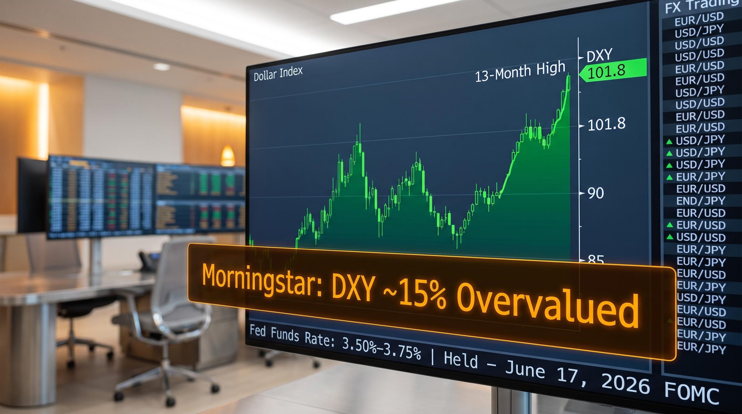DXY hits 101.8 thirteen-month high on trading screen with Morningstar 15% overvaluation flag — US dollar forecast 2026