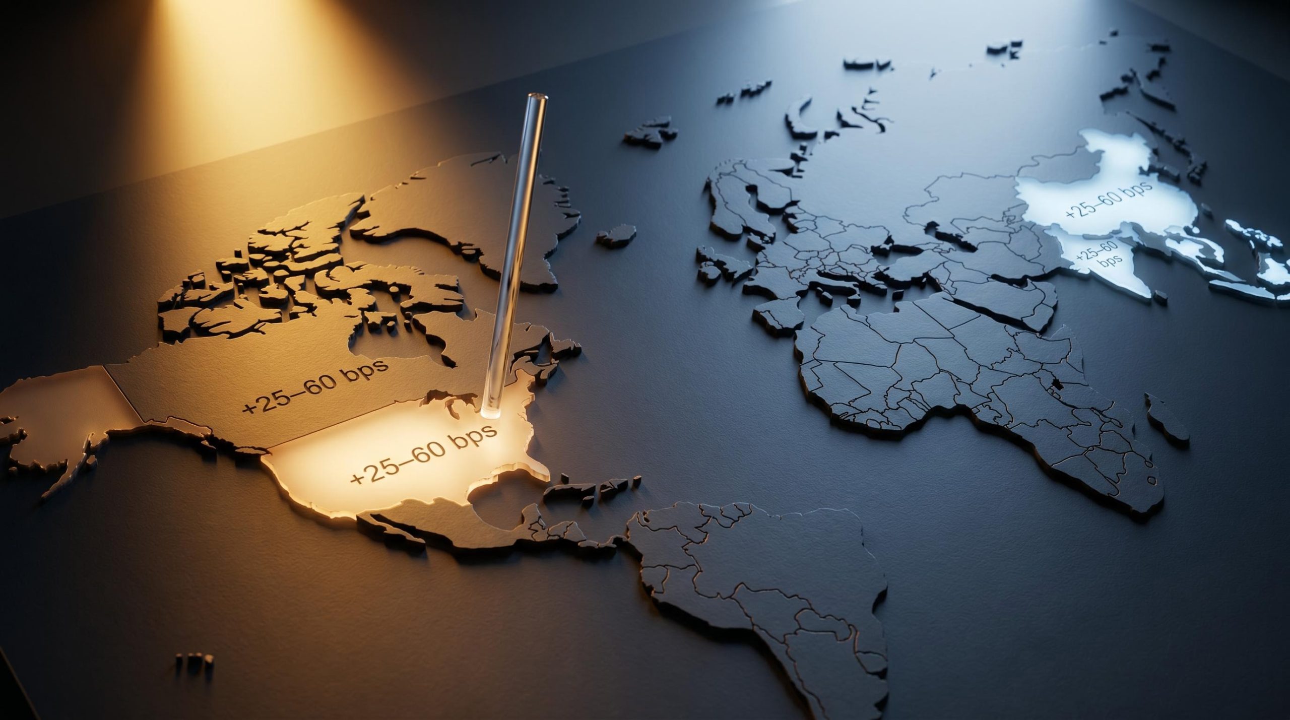 Relief world map split by AI adoption rates, with US frontier economies glowing gold versus cooler lagging regions