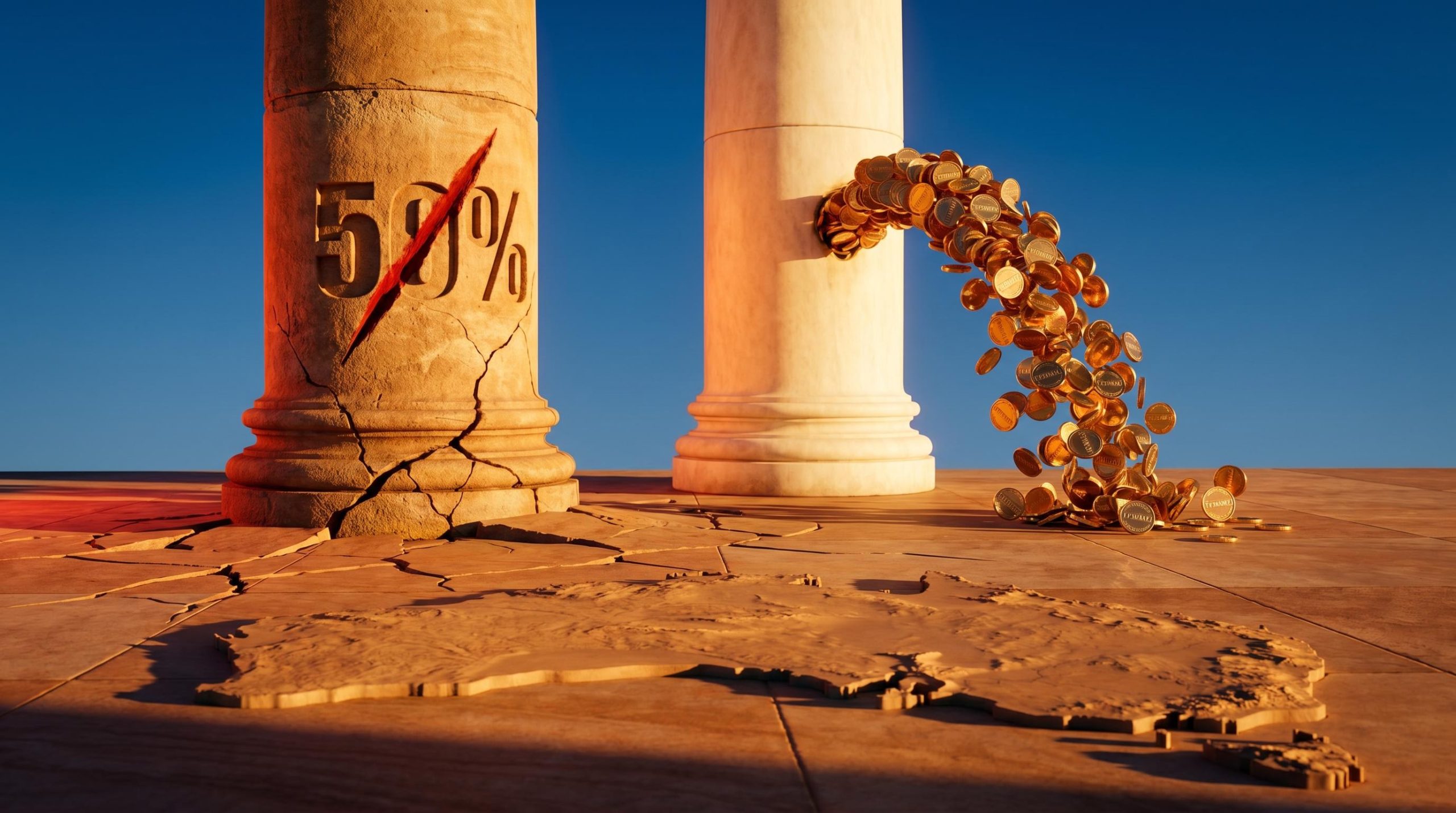 Australia's 50% CGT discount fractures beside a cascade of golden franked dividend coins on a sandstone plaza