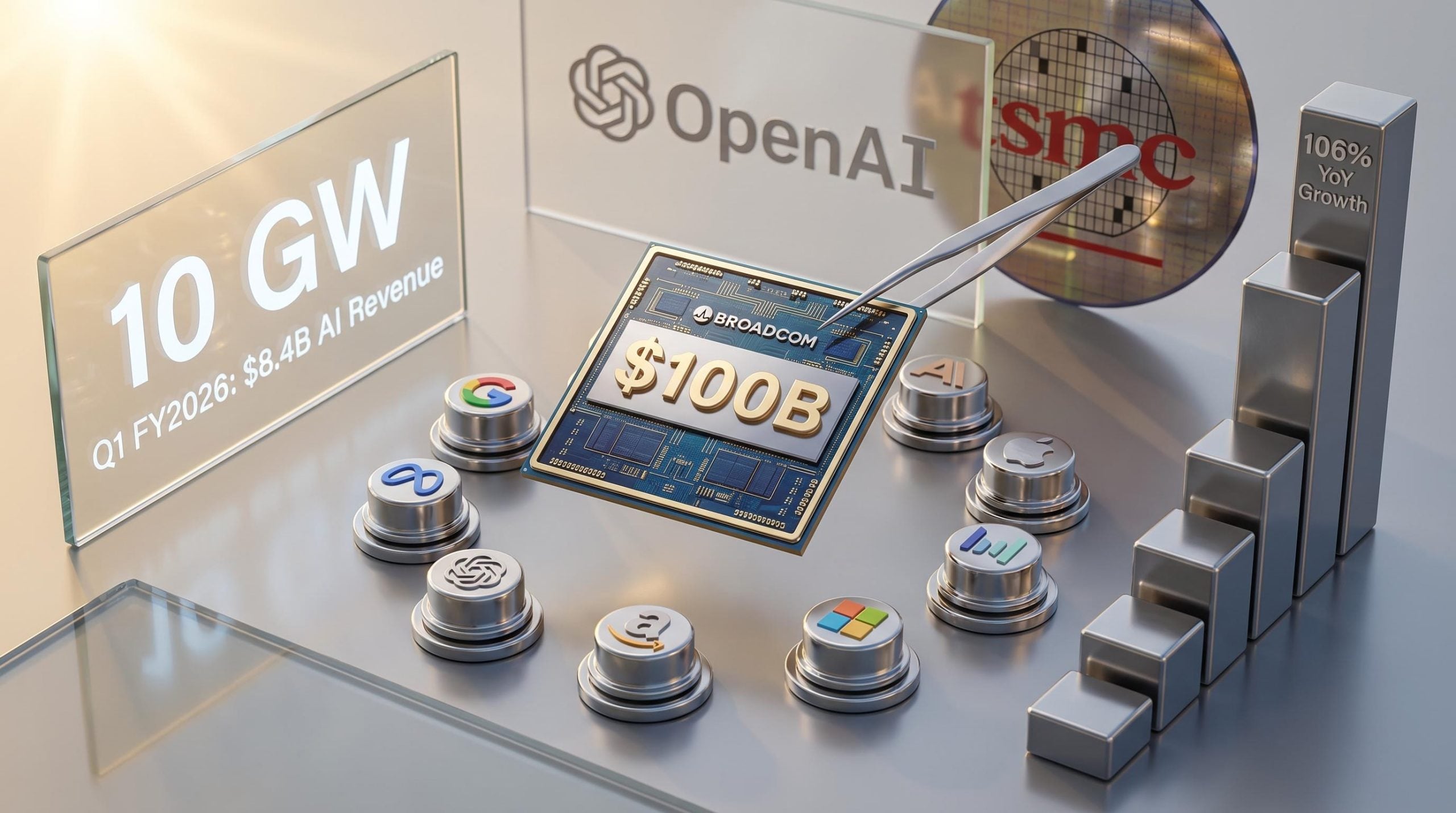 Broadcom custom ASIC chip displaying $100B value surrounded by hyperscaler logos with 106% growth chart