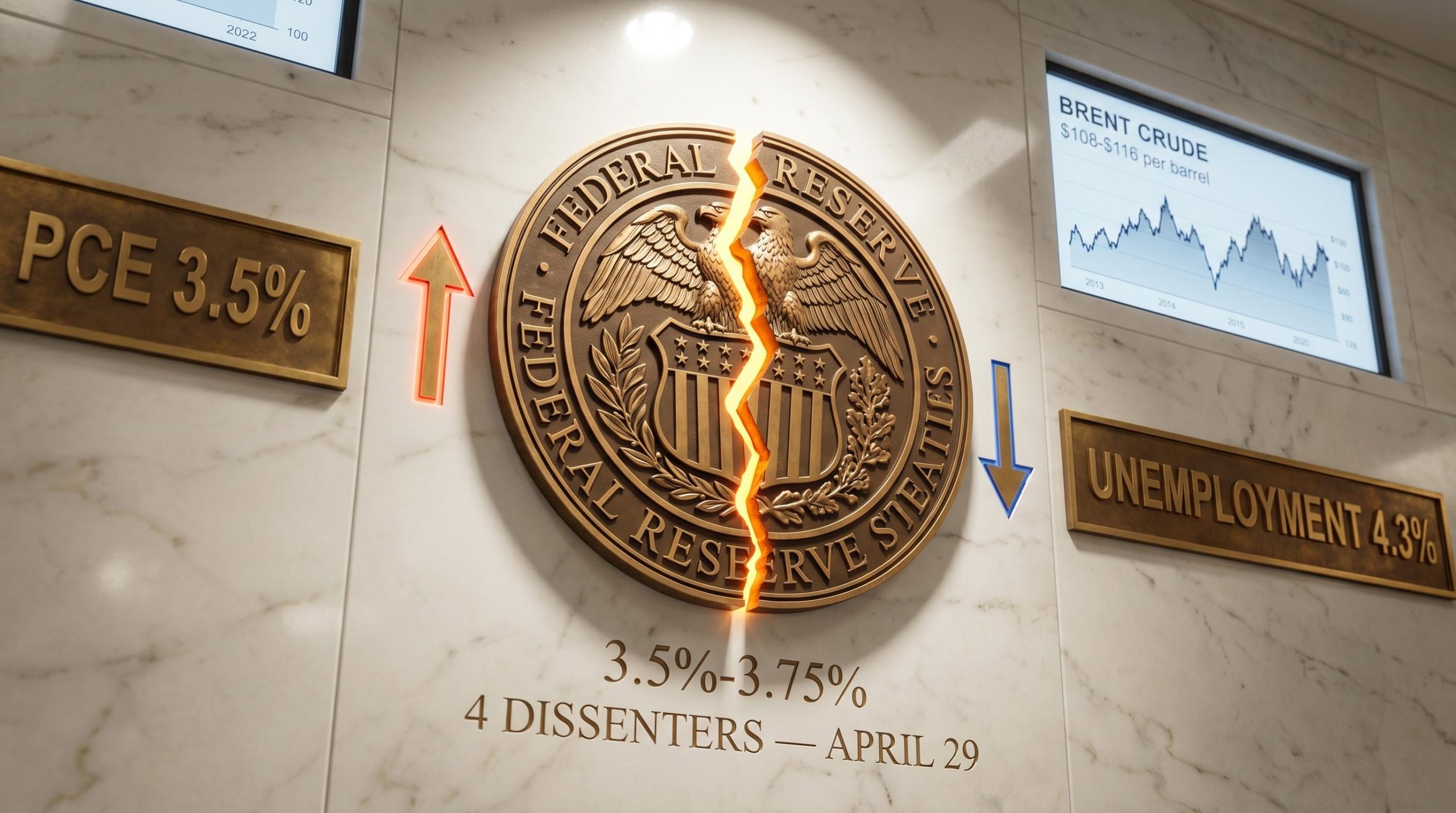 Federal Reserve seal cracked in two as April 29 FOMC meeting reveals four-way dissent with rates held at 3.5%-3.75%