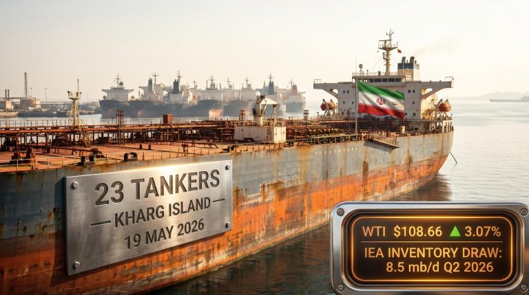 23 tankers idle off Kharg Island as crude oil price hits $108.66 amid Iran Hormuz tensions on 19 May 2026