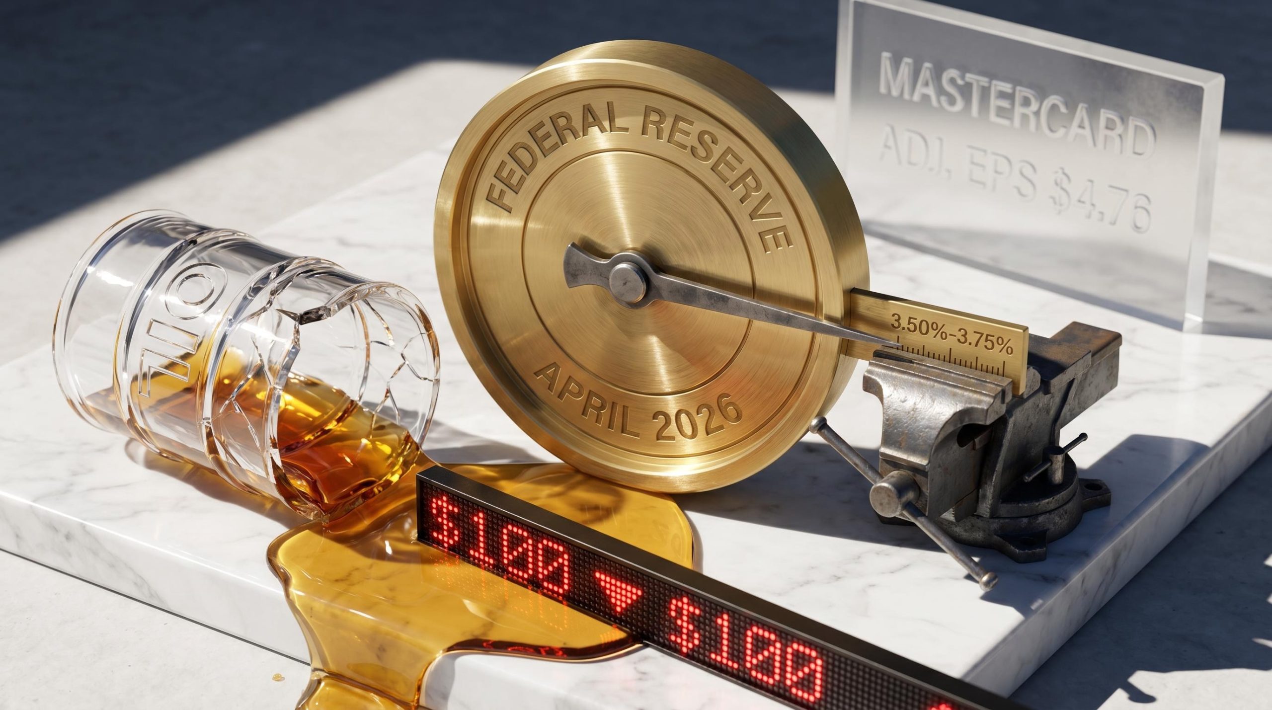 Federal Reserve interest rates locked at 3.50%-3.75% beside a spilled oil barrel showing $100 and Mastercard financial data.