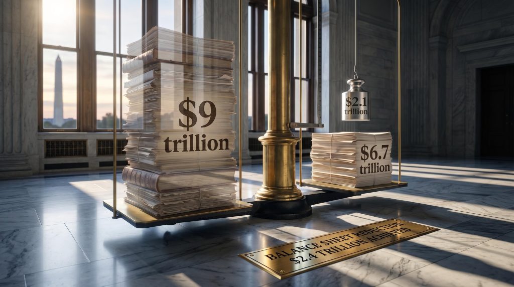 Fed balance sheet scale showing $2.4 trillion reduction achieved, with $2.1 trillion weight suspended above