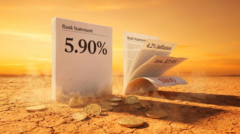 Australian bank statement showing 5.90% rate dissolving into cracked earth, leaving only $800 real gain after 4.2% inflation