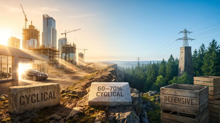 Surreal split landscape illustrating cyclical vs defensive stocks with golden construction and evergreen utility scenes