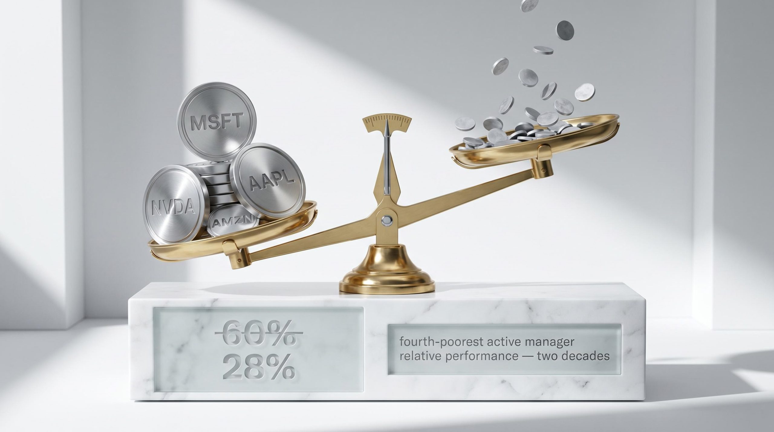 Balance scale tilting under megacap stock medallions as active fund underperformance collapses from 60% to 28%