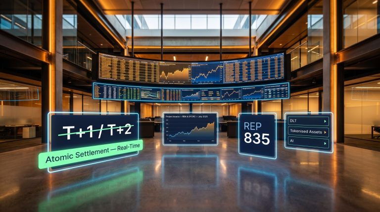 ASIC REP 835 financial market innovation — atomic settlement, DLT, and AI risks mapped on a trading floor