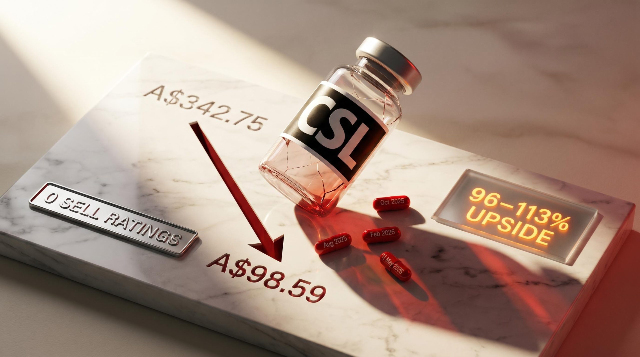 CSL share price collapse from A$342.75 to A$98.59 with zero broker sell ratings across four guidance cuts