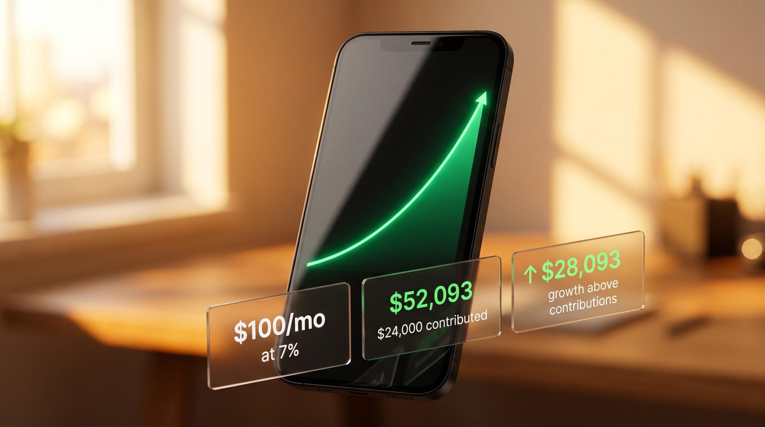 Smartphone compounding growth chart showing $24,000 invested growing to $52,093 at 7% — start investing with little money