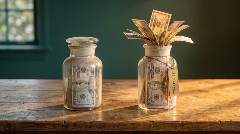 Two glass jars of $50,000 in cash — one sealed at 0.10% APY, one blooming with $2,500 annual interest from savings account alternatives