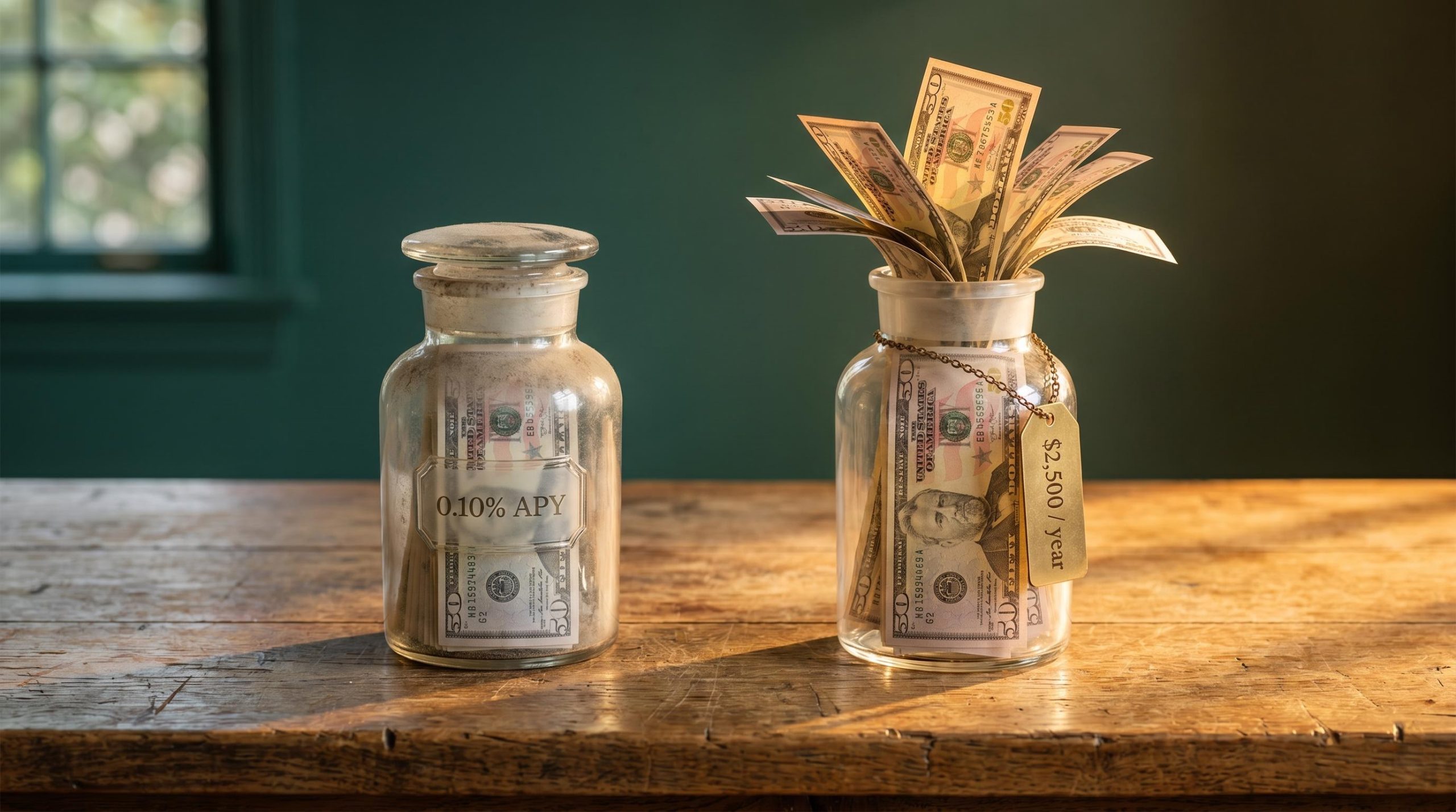Two glass jars of $50,000 in cash — one sealed at 0.10% APY, one blooming with $2,500 annual interest from savings account alternatives
