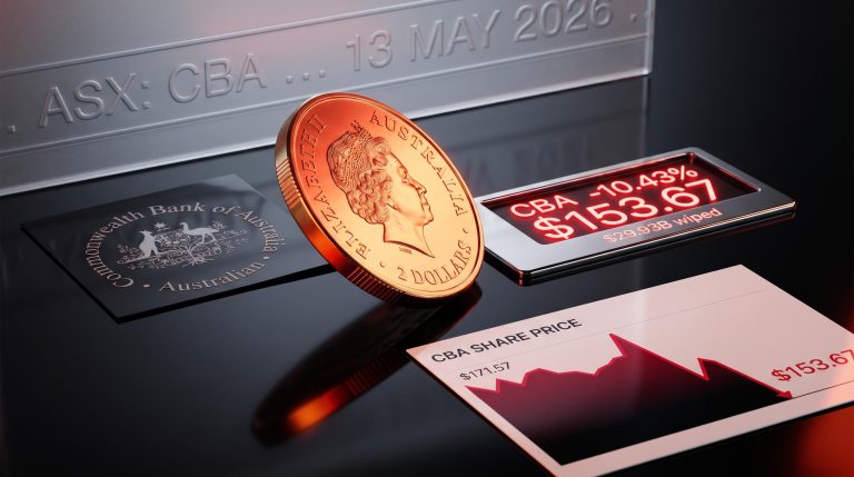 CBA share price crash on 13 May 2026 with -10.43% and $29.93B market cap loss rendered on tilting coin