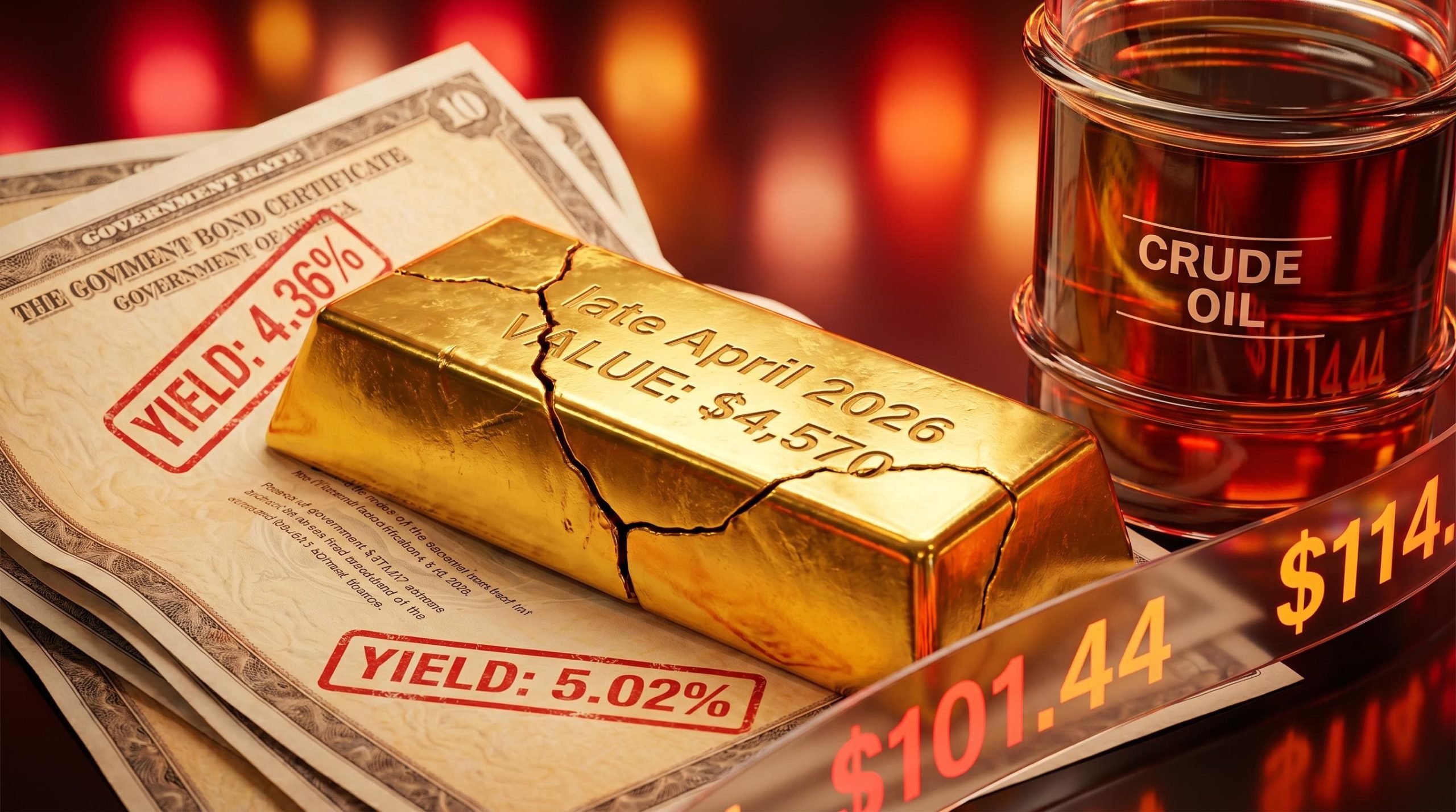 Fractured gold bar showing $4,570 and bond yields hitting 5.02% beside crude oil, illustrating failing safe haven assets.