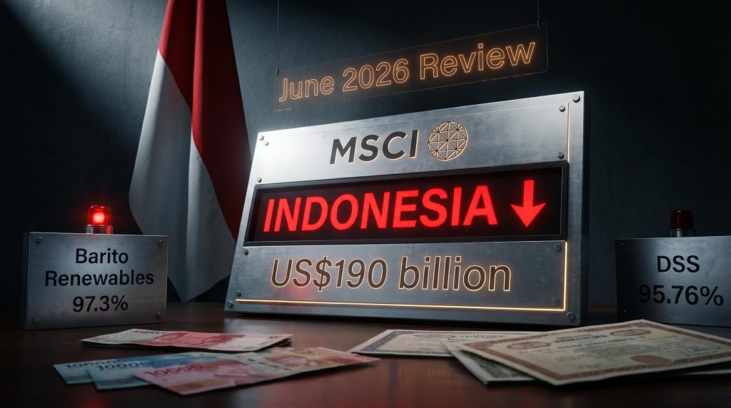 MSCI Indonesia index board showing US$190 billion loss with Barito Renewables and DSS ownership data, flag backdrop