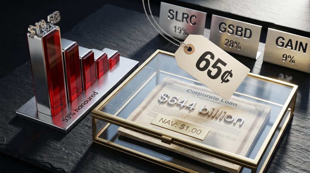 Private credit valuation gap showing 65-cent secondary market bid against dollar NAV with redemption data and BDC discounts