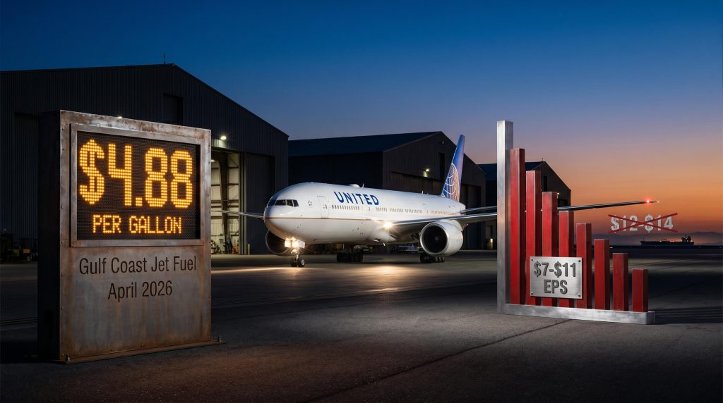 United Airlines jet with $4.88 fuel price display and $7-$11 EPS guidance chart on tarmac under dramatic lighting