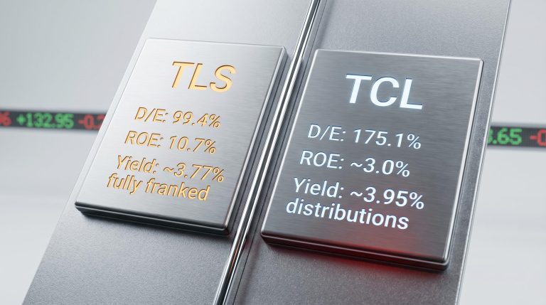 TLS vs TCL metric panels comparing debt-to-equity, ROE, and dividend yield for ASX stock analysis