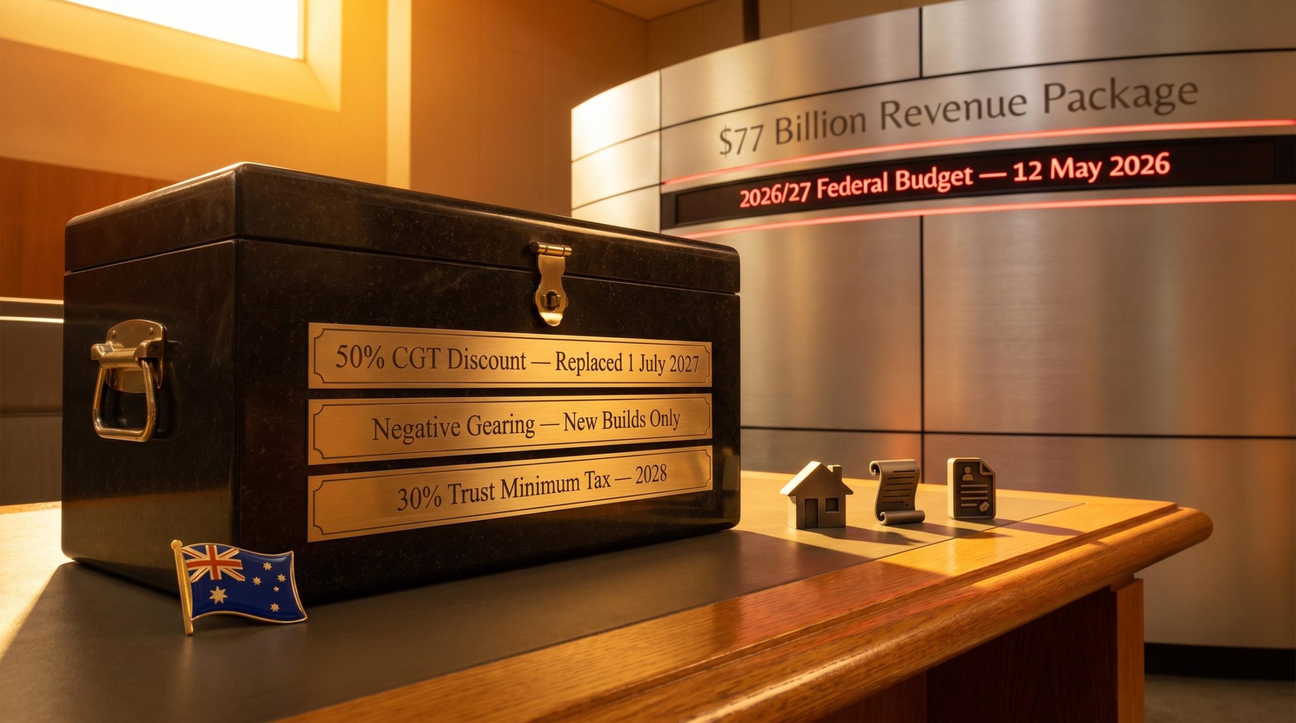 Federal Budget 2026 dispatch box engraved with $77 billion CGT, negative gearing and trust tax reform figures