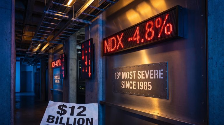 Nasdaq-100 ticker showing -4.8% amid Bank of America CTA unwind warning ranking drop 13th worst since 1985