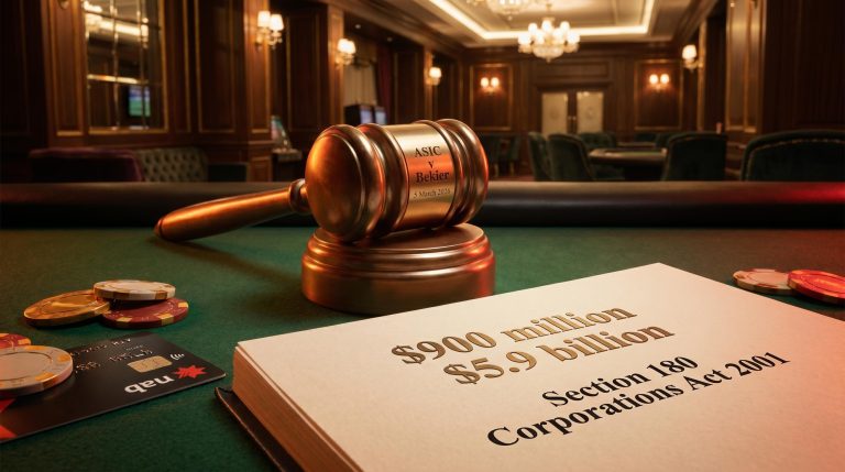 Bronze gavel on casino baize with "$900 million" and "$5.9 billion" on legal document in Star Entertainment court case